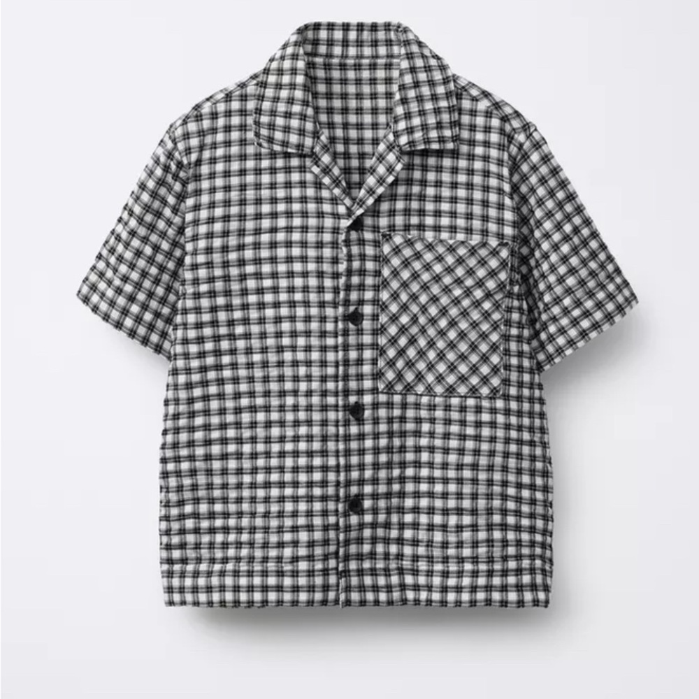 Zara Black and White Checkered Short Sleeve Wrinkle Effect Shirt